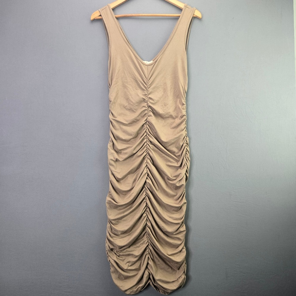 Heart Hips Ruched Bodycon Midi Dress Medium Tan Sleeveless V-Neck Stretch Sexy